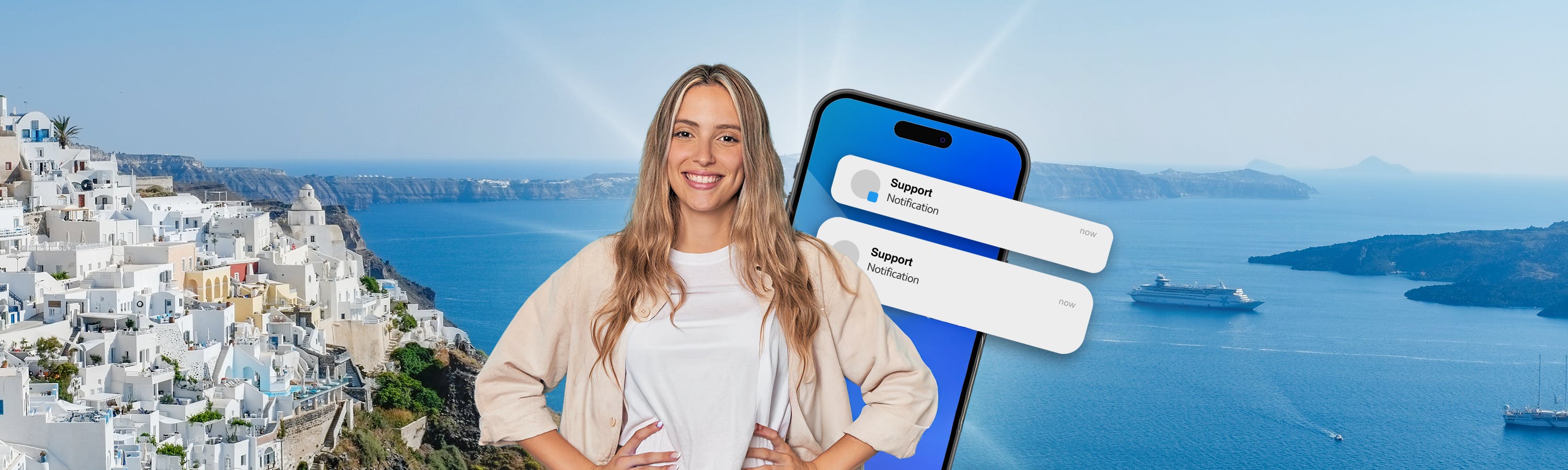 girl in front of a phone with messages and in the front and in the background Greece