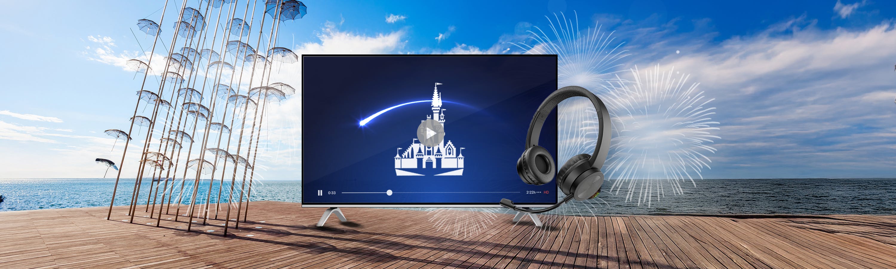 Bildschirm mit einer bekannten Streaming Platform, daneben ein Headset . Feuerwerk im Hintergrund