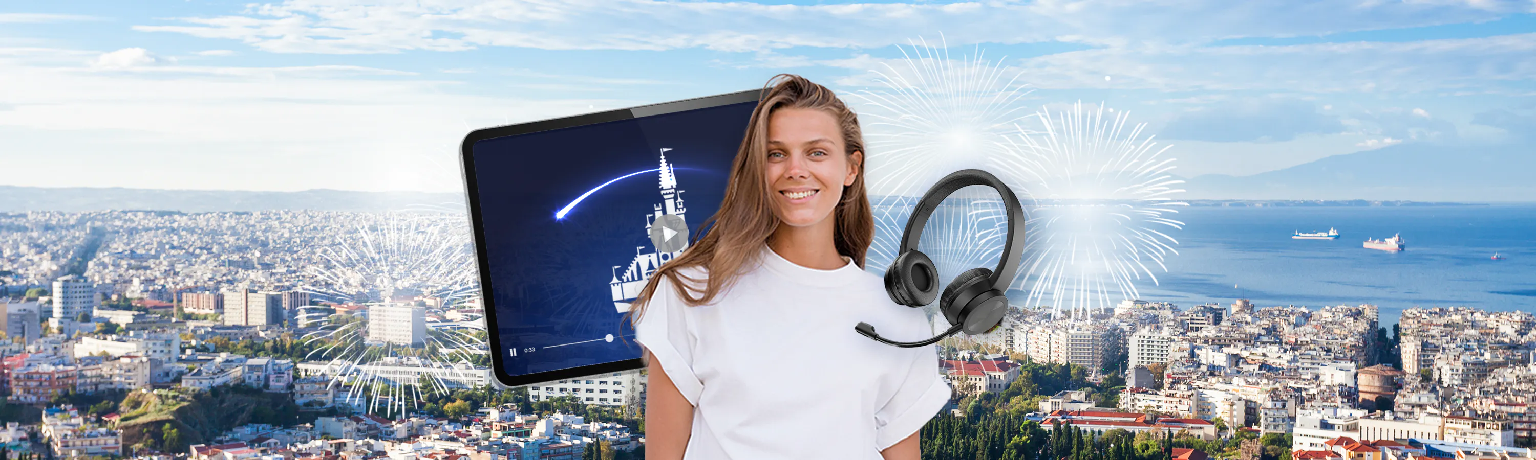 junge Frau in griechenland, vor ihrer Schulter ein Headset. Sie steht vor einem Tablet