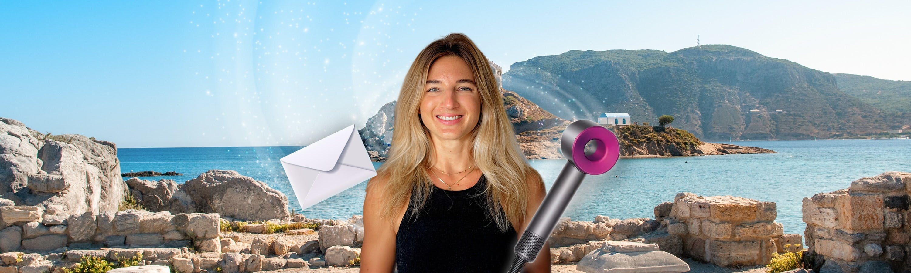 Smiling girl next to an envelope and hair dryer in front of the sea and mountains