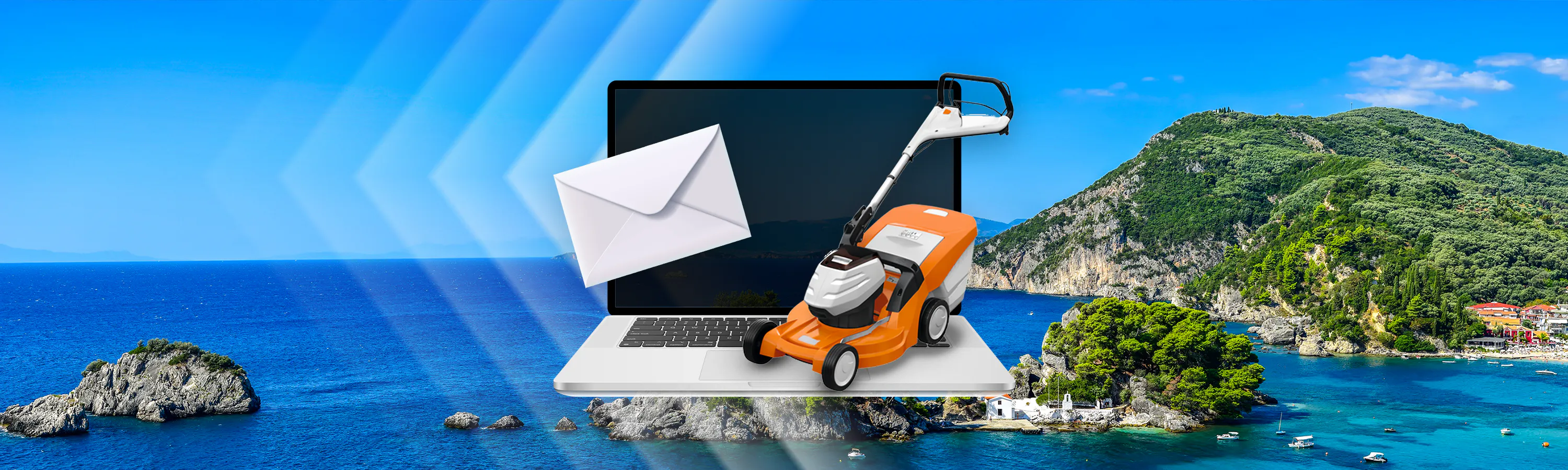 Laptop vor griechischer Insel. Ein Briefumschlag schwebt ungeöffnet vor dem Bildschirm. Ein Rasenmäher ienes bekannten Garten und - Forstgeräteherstellers